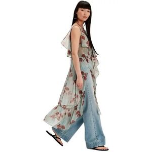 Free People Sunfaded Maxi Top Floral Printed Ruffle Slip Sheer Sage Combo Sz‎ XS